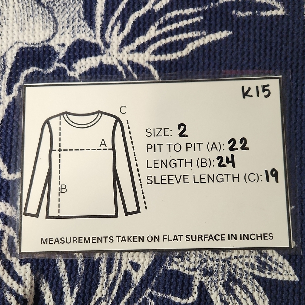 Chico's Navy and White Floral Long Sleeve Waffle Weave Cotton Sweater Large - Picture 8 of 9